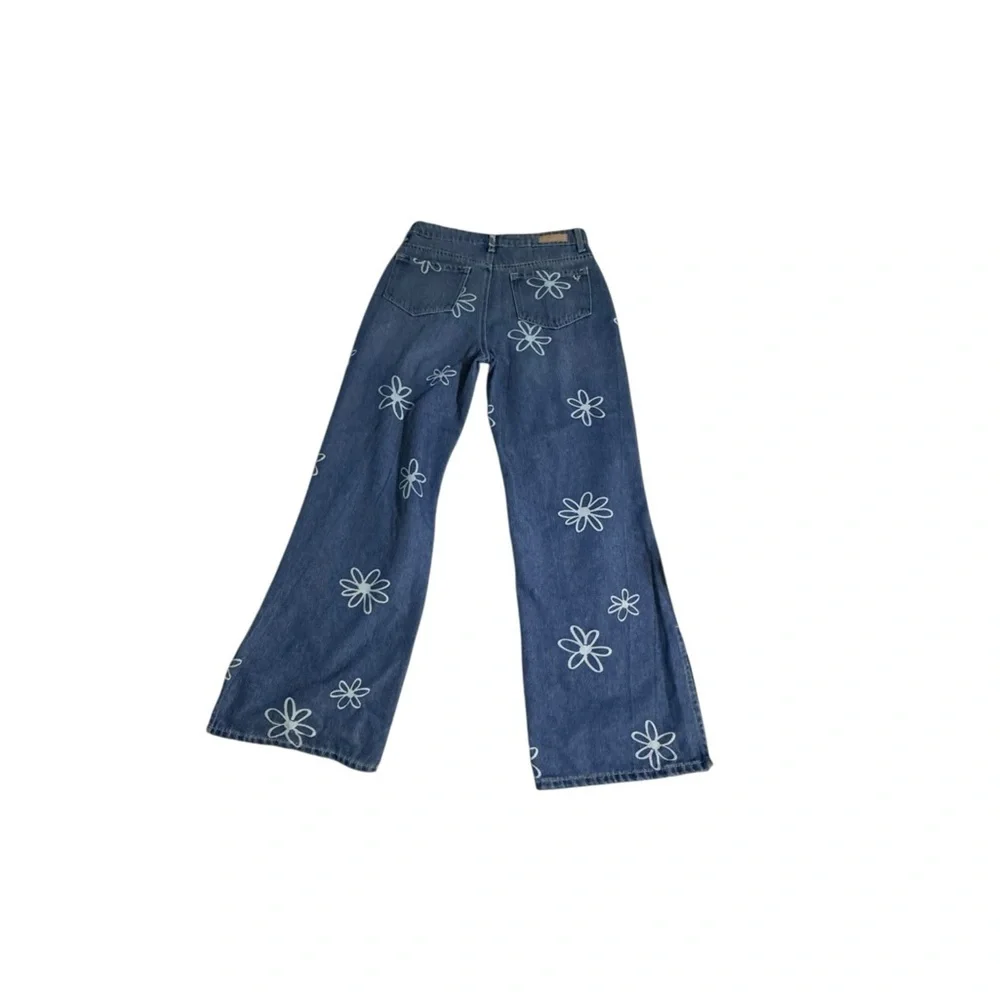Justice Girls Wide Leg Flower SZ 18 Jeans Side Slit Y2K Floral Denim Daisy 70's